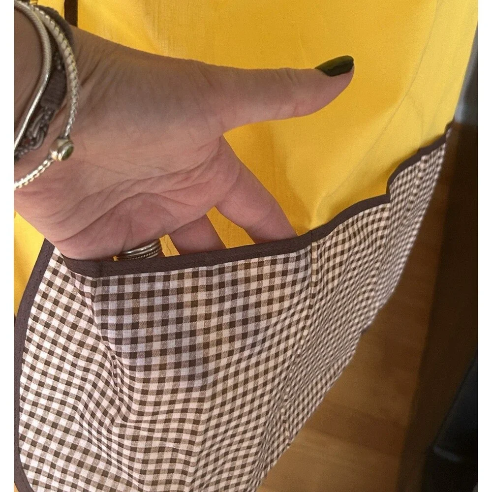 Vtg Apron‎ Mustard Yellow & Brown 3 Pockets Homespun 1970 s Cottage Grandma Core